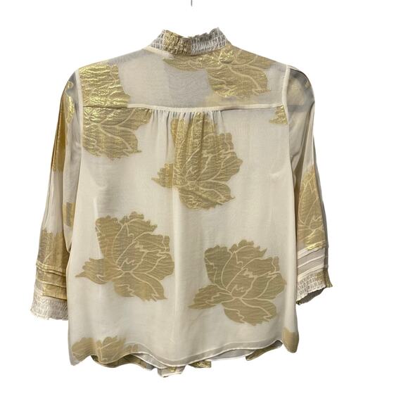 Diane von Furstenberg Ivory Gold Foil Floral Print Sheer Silk Layla Top Size 2 - Picture 10 of 10